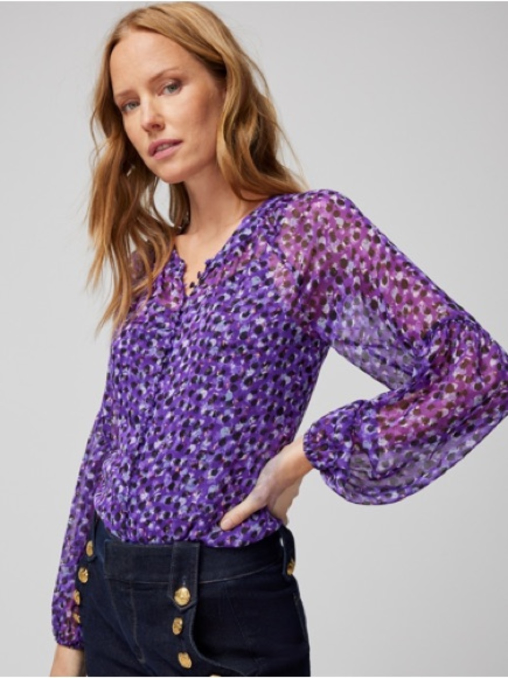 White House Black Market Long Sleeve Button Clip Blouse in Speckled Dot Purple
